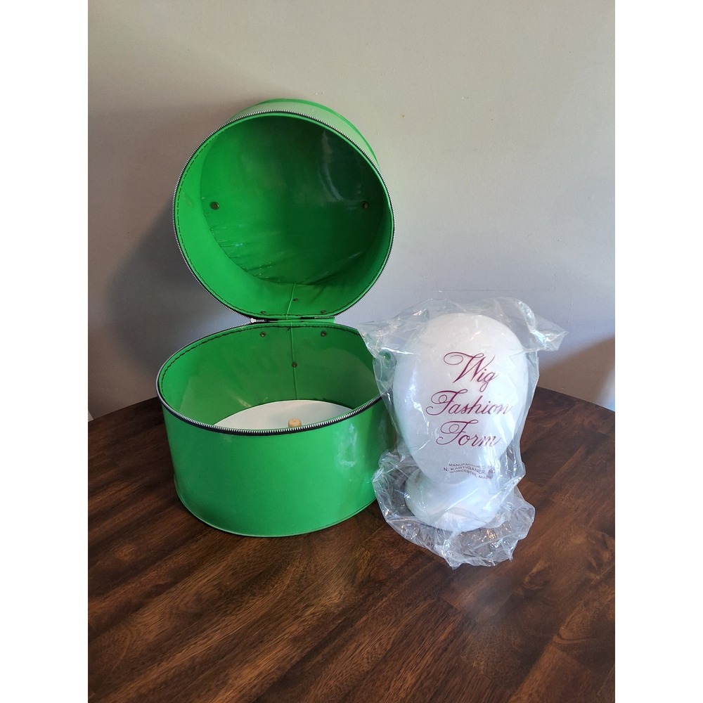 Vintage Green Wig Case Round Travel Hat Box with Styrofoam Mannequin Head Form